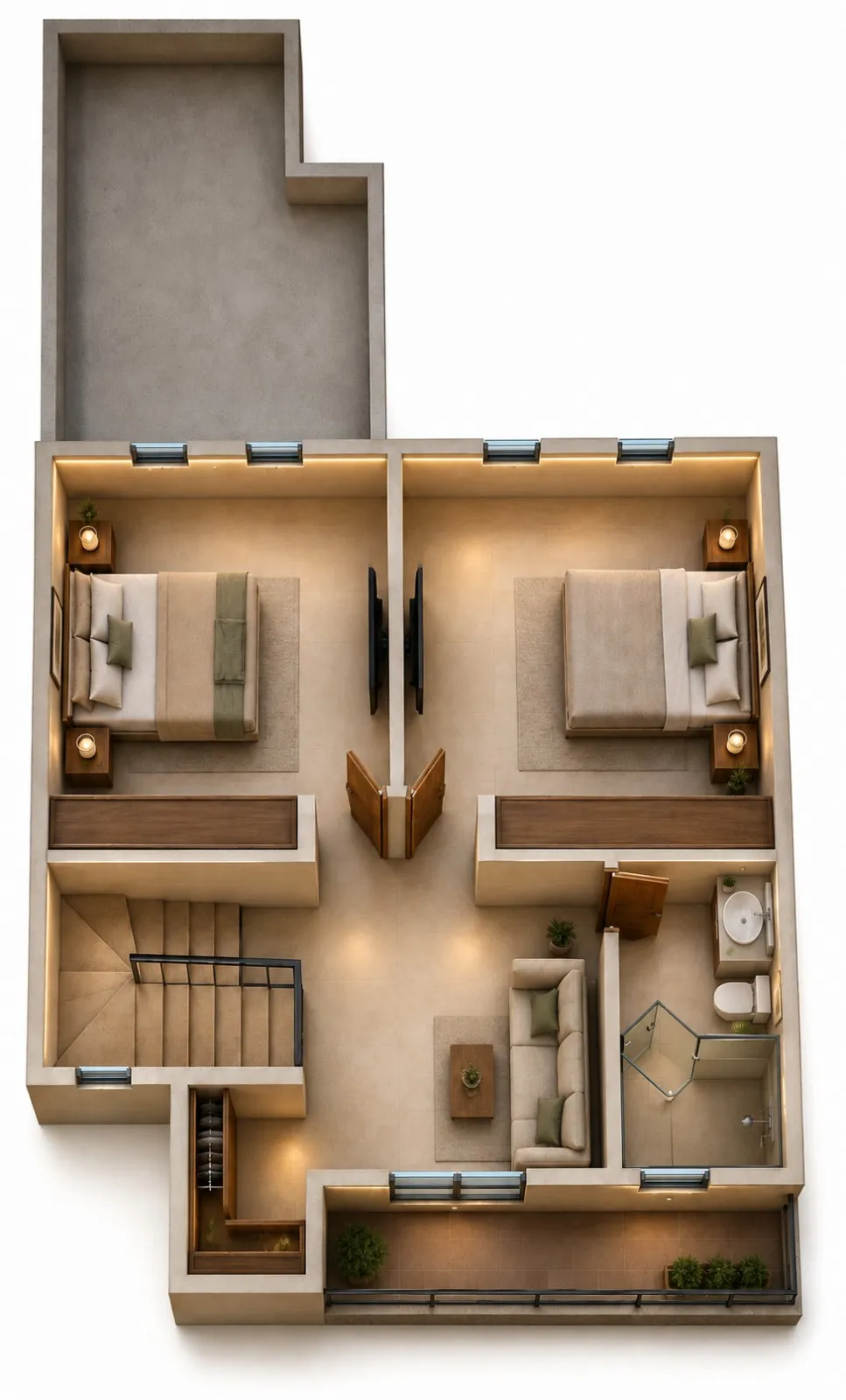 Interior de la casa modelo: estancia con acabados modernos.