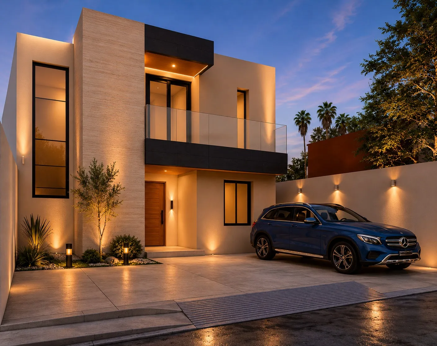 Vista isométrica de la casa modelo con cochera para dos autos.